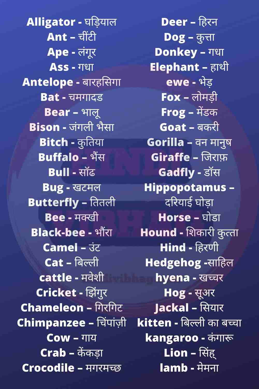 Animals name in hindi with images and pictures